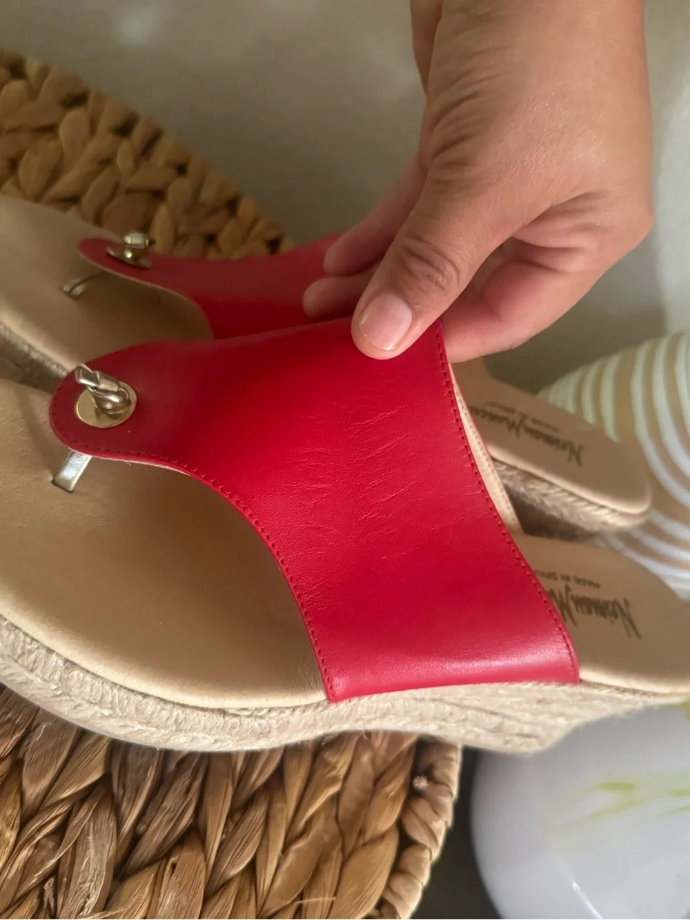 Neiman Marcus Red Leather Espadrille Thong Sandals - Women's